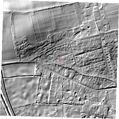 Shaded relief map of the ground around CB223BS, computed from Environment Agency LiDAR. The ground here sits at about 21 m above sea level and falls 10 m across the surrounding 800 m. Surface water reaching this point runs off ground lying to the north-east, 6.4 m higher.