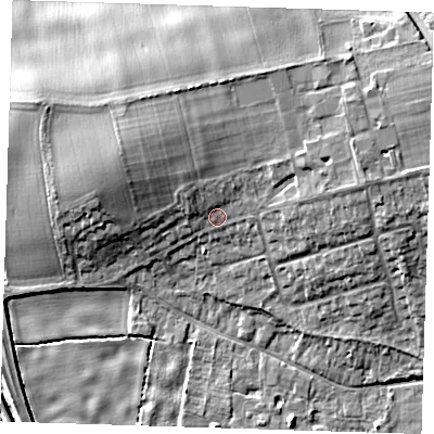 Shaded relief map of the ground around CB223BW, computed from Environment Agency LiDAR. The ground here sits at about 24 m above sea level and falls 10 m across the surrounding 800 m. Surface water reaching this point runs off ground lying to the east-north-east, 4.6 m higher.