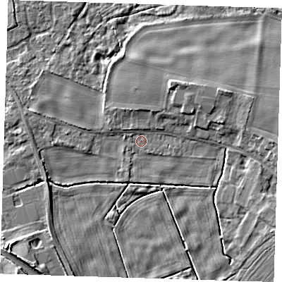 Shaded relief map of the ground around CB223EW, computed from Environment Agency LiDAR. The ground here sits at about 23 m above sea level and falls 6 m across the surrounding 800 m. Surface water reaching this point runs off ground lying to the north-north-east, 3.3 m higher.