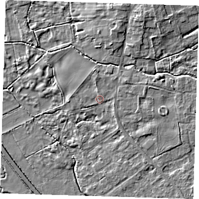 Shaded relief map of the ground around CB223HR, computed from Environment Agency LiDAR. The ground here sits at about 22 m above sea level and falls 6 m across the surrounding 800 m. Surface water reaching this point runs off ground lying to the east-south-east, 1.3 m higher.