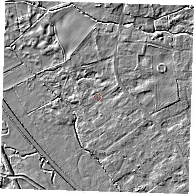 Shaded relief map of the ground around CB223HS, computed from Environment Agency LiDAR. The ground here sits at about 21 m above sea level and falls 5 m across the surrounding 800 m. Surface water reaching this point runs off ground lying to the east-south-east, 2.3 m higher.