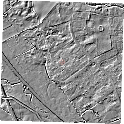 Shaded relief map of the ground around CB223HT, computed from Environment Agency LiDAR. The ground here sits at about 22 m above sea level and falls 5 m across the surrounding 800 m. Surface water reaching this point runs off ground lying to the east-south-east, 0.8 m higher.