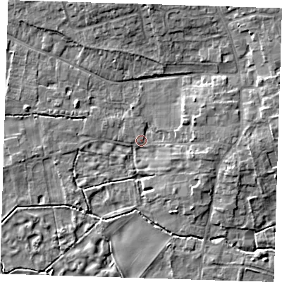 Shaded relief map of the ground around CB223HW, computed from Environment Agency LiDAR. The ground here sits at about 21 m above sea level and falls 7 m across the surrounding 800 m. Surface water reaching this point runs off ground lying to the east, 4.7 m higher.