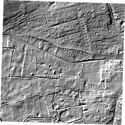 Shaded relief map of the ground around CB223HY, computed from Environment Agency LiDAR. The ground here sits at about 20 m above sea level and falls 9 m across the surrounding 800 m. Surface water reaching this point runs off ground lying to the north-north-east, 8.1 m higher.