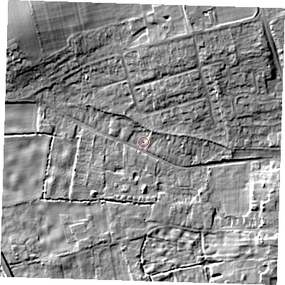 Shaded relief map of the ground around CB223HZ, computed from Environment Agency LiDAR. The ground here sits at about 20 m above sea level and falls 9 m across the surrounding 800 m. Surface water reaching this point runs off ground lying to the north-north-east, 8.1 m higher.