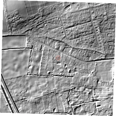 Shaded relief map of the ground around CB223JA, computed from Environment Agency LiDAR. The ground here sits at about 20 m above sea level and falls 10 m across the surrounding 800 m. Surface water reaching this point runs off ground lying to the south, 1.3 m higher.