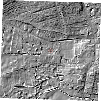 Shaded relief map of the ground around CB223JB, computed from Environment Agency LiDAR. The ground here sits at about 20 m above sea level and falls 9 m across the surrounding 800 m. Surface water reaching this point runs off ground lying to the north, 7.6 m higher.
