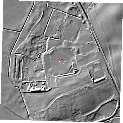 Shaded relief map of the ground around CB223JG, computed from Environment Agency LiDAR. The ground here sits at about 18 m above sea level and falls 10 m across the surrounding 800 m. Surface water reaching this point runs off ground lying to the east-south-east, 2.9 m higher.