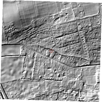 Shaded relief map of the ground around CB223JJ, computed from Environment Agency LiDAR. The ground here sits at about 20 m above sea level and falls 10 m across the surrounding 800 m. Surface water reaching this point runs off ground lying to the north, 1.7 m higher.