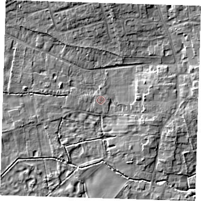 Shaded relief map of the ground around CB223LL, computed from Environment Agency LiDAR. The ground here sits at about 21 m above sea level and falls 7 m across the surrounding 800 m. Surface water reaching this point runs off ground lying to the south, 0.6 m higher.