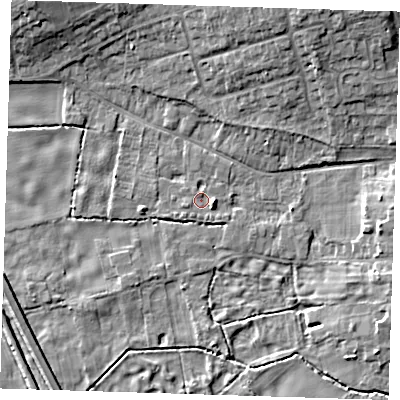 Shaded relief map of the ground around CB223LT, computed from Environment Agency LiDAR. The ground here sits at about 20 m above sea level and falls 9 m across the surrounding 800 m. Surface water reaching this point runs off ground lying to the east-south-east, 2.9 m higher.