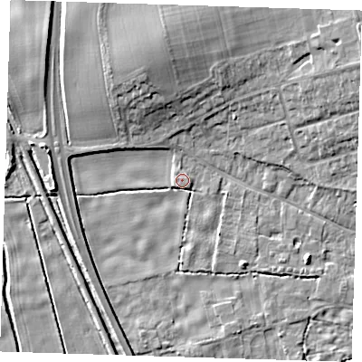 Shaded relief map of the ground around CB223TF, computed from Environment Agency LiDAR. The ground here sits at about 20 m above sea level and falls 10 m across the surrounding 800 m. Surface water reaching this point runs off ground lying to the north, 3.2 m higher.