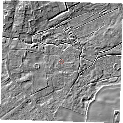 Shaded relief map of the ground around CB223UW, computed from Environment Agency LiDAR. The ground here sits at about 22 m above sea level and falls 5 m across the surrounding 800 m. Surface water reaching this point runs off ground lying to the south-east, 1.1 m higher.