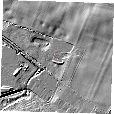 Shaded relief map of the ground around CB223WE, computed from Environment Agency LiDAR. The ground here sits at about 21 m above sea level and falls 9 m across the surrounding 800 m. Surface water reaching this point runs off ground lying to the south-east, 5.3 m higher.