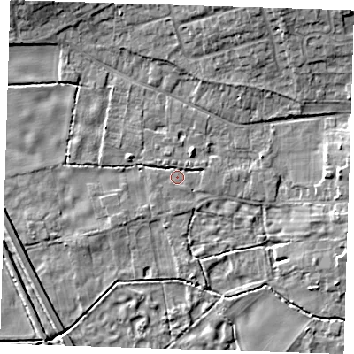 Shaded relief map of the ground around CB223XG, computed from Environment Agency LiDAR. The ground here sits at about 20 m above sea level and falls 8 m across the surrounding 800 m. Surface water reaching this point runs off ground lying to the east, 0.9 m higher.