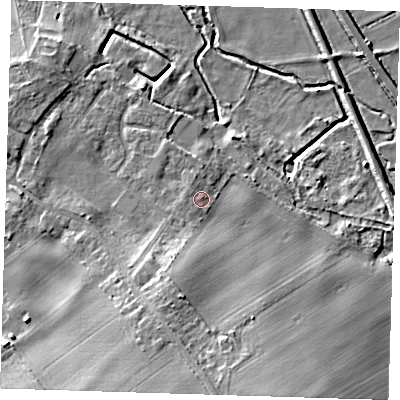 Shaded relief map of the ground around CB224NE, computed from Environment Agency LiDAR. The ground here sits at about 25 m above sea level and falls 15 m across the surrounding 800 m. Surface water reaching this point runs off ground lying to the south-south-west, 5.7 m higher.