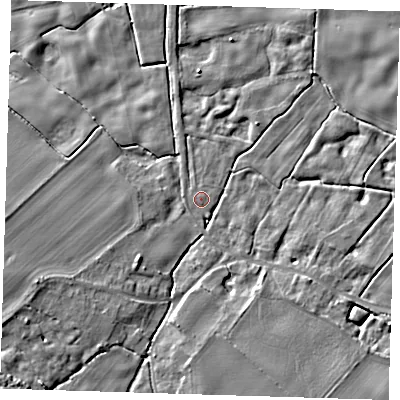 Shaded relief map of the ground around CB224PG, computed from Environment Agency LiDAR. The ground here sits at about 20 m above sea level and falls 8 m across the surrounding 800 m. Surface water reaching this point runs off ground lying to the west-south-west, 4.7 m higher.
