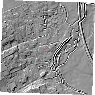 Shaded relief map of the ground around CB224PT, computed from Environment Agency LiDAR. The ground here sits at about 27 m above sea level and falls 11 m across the surrounding 800 m. Surface water reaching this point runs off ground lying to the south-east, 1.3 m higher.