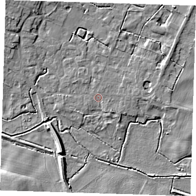 Shaded relief map of the ground around CB225BP, computed from Environment Agency LiDAR. The ground here sits at about 17 m above sea level and falls 8 m across the surrounding 800 m. Surface water reaching this point runs off ground lying to the south-east, 1.3 m higher.