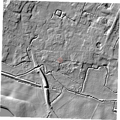 Shaded relief map of the ground around CB225BS, computed from Environment Agency LiDAR. The ground here sits at about 17 m above sea level and falls 8 m across the surrounding 800 m. Surface water reaching this point runs off ground lying to the west-south-west, 1.4 m higher.