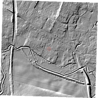 Shaded relief map of the ground around CB225DP, computed from Environment Agency LiDAR. The ground here sits at about 17 m above sea level and falls 8 m across the surrounding 800 m. Surface water reaching this point runs off ground lying to the north, 2.1 m higher.