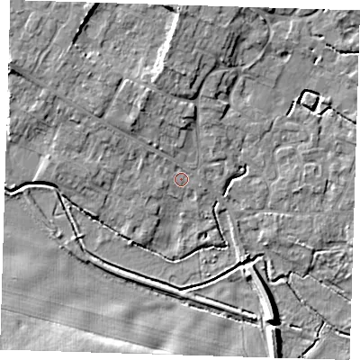 Shaded relief map of the ground around CB225DR, computed from Environment Agency LiDAR. The ground here sits at about 17 m above sea level and falls 8 m across the surrounding 800 m. Surface water reaching this point runs off ground lying to the north-west, 4.9 m higher.