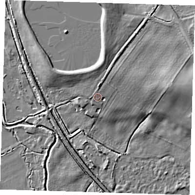 Shaded relief map of the ground around CB225DY, computed from Environment Agency LiDAR. The ground here sits at about 19 m above sea level and falls 9 m across the surrounding 800 m. Surface water reaching this point runs off ground lying to the north-north-east, 1.5 m higher.