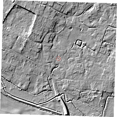 Shaded relief map of the ground around CB225DZ, computed from Environment Agency LiDAR. The ground here sits at about 17 m above sea level and falls 8 m across the surrounding 800 m. Surface water reaching this point runs off ground lying to the west-north-west, 1.7 m higher.