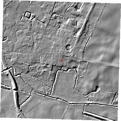 Shaded relief map of the ground around CB225EA, computed from Environment Agency LiDAR. The ground here sits at about 17 m above sea level and falls 8 m across the surrounding 800 m. Surface water reaching this point runs off ground lying to the north-east, 1.8 m higher.