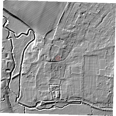 Shaded relief map of the ground around CB225EL, computed from Environment Agency LiDAR. The ground here sits at about 16 m above sea level and falls 8 m across the surrounding 800 m. Surface water reaching this point runs off ground lying to the west, 2.0 m higher.
