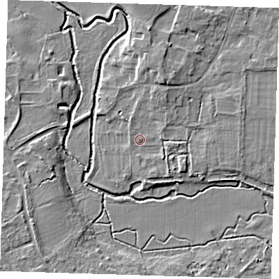 Shaded relief map of the ground around CB225EN, computed from Environment Agency LiDAR. The ground here sits at about 14 m above sea level and falls 7 m across the surrounding 800 m. Surface water reaching this point runs off ground lying to the north, 4.2 m higher.