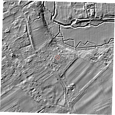 Shaded relief map of the ground around CB225ER, computed from Environment Agency LiDAR. The ground here sits at about 16 m above sea level and falls 5 m across the surrounding 800 m. Surface water reaching this point runs off ground lying to the south-west, 0.6 m higher.