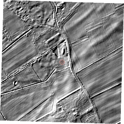 Shaded relief map of the ground around CB225EU, computed from Environment Agency LiDAR. The ground here sits at about 15 m above sea level and falls 6 m across the surrounding 800 m. Surface water reaching this point runs off ground lying to the south-east, 2.6 m higher.