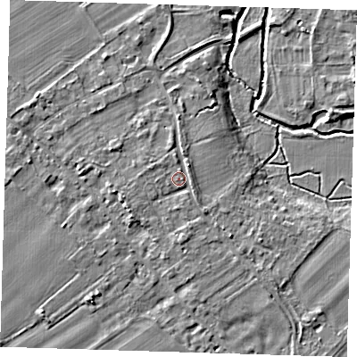 Shaded relief map of the ground around CB225EW, computed from Environment Agency LiDAR. The ground here sits at about 16 m above sea level and falls 6 m across the surrounding 800 m. Surface water reaching this point runs off ground lying to the west-south-west, 1.9 m higher.