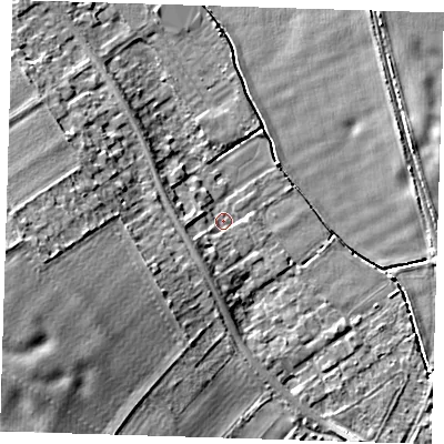 Shaded relief map of the ground around CB225FA, computed from Environment Agency LiDAR. The ground here sits at about 15 m above sea level and falls 11 m across the surrounding 800 m. Surface water reaching this point runs off ground lying to the south-south-west, 3.4 m higher.