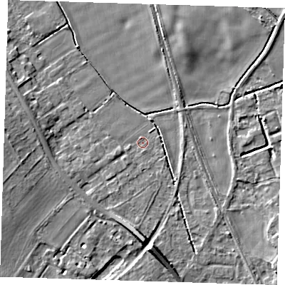 Shaded relief map of the ground around CB225GH, computed from Environment Agency LiDAR. The ground here sits at about 14 m above sea level and falls 7 m across the surrounding 800 m. Surface water reaching this point runs off ground lying to the west-south-west, 2.6 m higher.