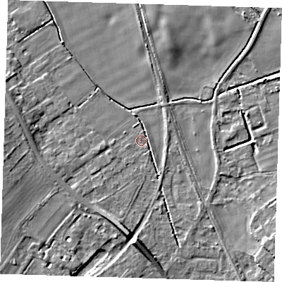 Shaded relief map of the ground around CB225GJ, computed from Environment Agency LiDAR. The ground here sits at about 14 m above sea level and falls 7 m across the surrounding 800 m. Surface water reaching this point runs off ground lying to the south, 7.1 m higher.