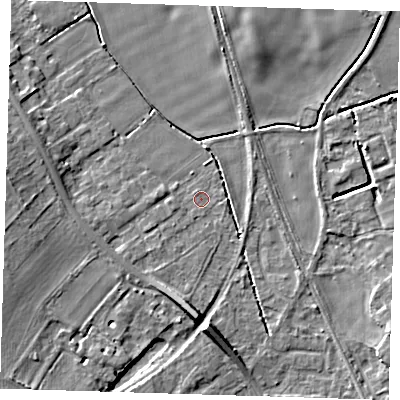 Shaded relief map of the ground around CB225GL, computed from Environment Agency LiDAR. The ground here sits at about 14 m above sea level and falls 7 m across the surrounding 800 m. Surface water reaching this point runs off ground lying to the west-south-west, 2.4 m higher.