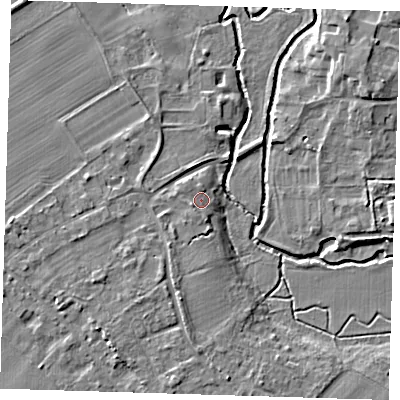 Shaded relief map of the ground around CB225HE, computed from Environment Agency LiDAR. The ground here sits at about 15 m above sea level and falls 7 m across the surrounding 800 m. Surface water reaching this point runs off ground lying to the west-south-west, 1.4 m higher.