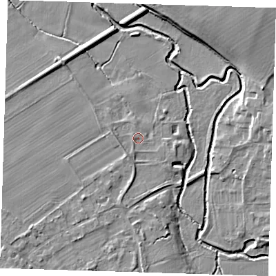 Shaded relief map of the ground around CB225HF, computed from Environment Agency LiDAR. The ground here sits at about 14 m above sea level and falls 8 m across the surrounding 800 m. Surface water reaching this point runs off ground lying to the south-west, 1.1 m higher.