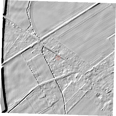 Shaded relief map of the ground around CB225HJ, computed from Environment Agency LiDAR. The ground here sits at about 14 m above sea level and falls 10 m across the surrounding 800 m. Surface water reaching this point runs off ground lying to the west-south-west, 9.8 m higher.