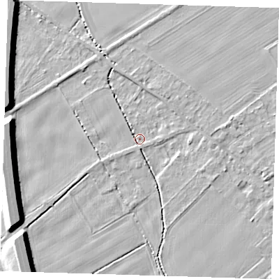 Shaded relief map of the ground around CB225HL, computed from Environment Agency LiDAR. The ground here sits at about 15 m above sea level and falls 11 m across the surrounding 800 m. Surface water reaching this point runs off ground lying to the south-west, 2.1 m higher.