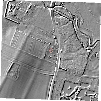 Shaded relief map of the ground around CB225HT, computed from Environment Agency LiDAR. The ground here sits at about 13 m above sea level and falls 11 m across the surrounding 800 m. Surface water reaching this point runs off ground lying to the west-south-west, 1.2 m higher.