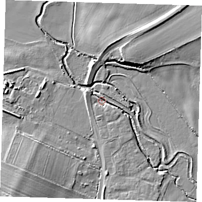 Shaded relief map of the ground around CB225HX, computed from Environment Agency LiDAR. The ground here sits at about 10 m above sea level and falls 11 m across the surrounding 800 m. Surface water reaching this point runs off ground lying to the south-south-east, 4.8 m higher.