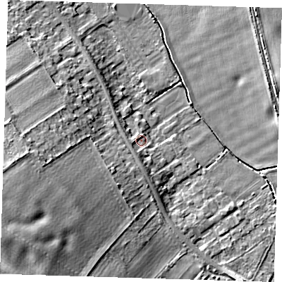 Shaded relief map of the ground around CB225JS, computed from Environment Agency LiDAR. The ground here sits at about 16 m above sea level and falls 11 m across the surrounding 800 m. Surface water reaching this point runs off ground lying to the south-south-west, 2.5 m higher.