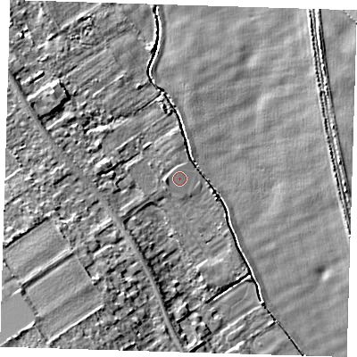 Shaded relief map of the ground around CB225JT, computed from Environment Agency LiDAR. The ground here sits at about 14 m above sea level and falls 10 m across the surrounding 800 m. Surface water reaching this point runs off ground lying to the west, 0.7 m higher.