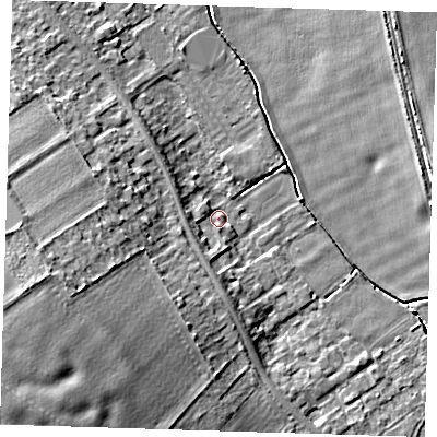Shaded relief map of the ground around CB225LA, computed from Environment Agency LiDAR. The ground here sits at about 15 m above sea level and falls 11 m across the surrounding 800 m. Surface water reaching this point runs off ground lying to the south-south-west, 3.1 m higher.