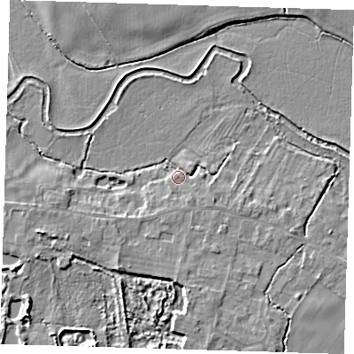 Shaded relief map of the ground around CB225TD, computed from Environment Agency LiDAR. The ground here sits at about 12 m above sea level and falls 6 m across the surrounding 800 m. Surface water reaching this point runs off ground lying to the south, 4.1 m higher.