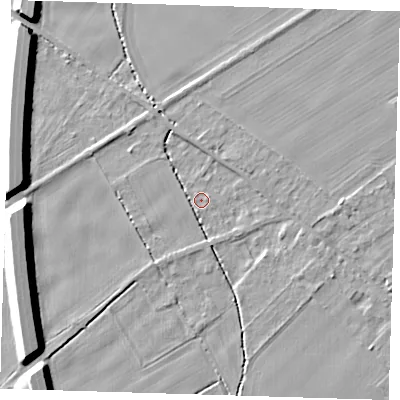 Shaded relief map of the ground around CB225UX, computed from Environment Agency LiDAR. The ground here sits at about 15 m above sea level and falls 11 m across the surrounding 800 m. Surface water reaching this point runs off ground lying to the south-south-west, 1.9 m higher.