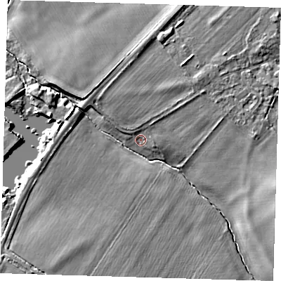 Shaded relief map of the ground around CB226SX, computed from Environment Agency LiDAR. The ground here sits at about 17 m above sea level and falls 7 m across the surrounding 800 m. Surface water reaching this point runs off ground lying to the north-east, 3.1 m higher.